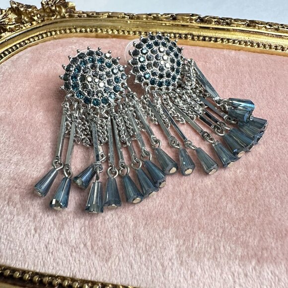 Park Lane Jewelry - Park Lane Jewelry Chain, Blue CZ & Crystal Tassel Fringe Earrings Silver-tone